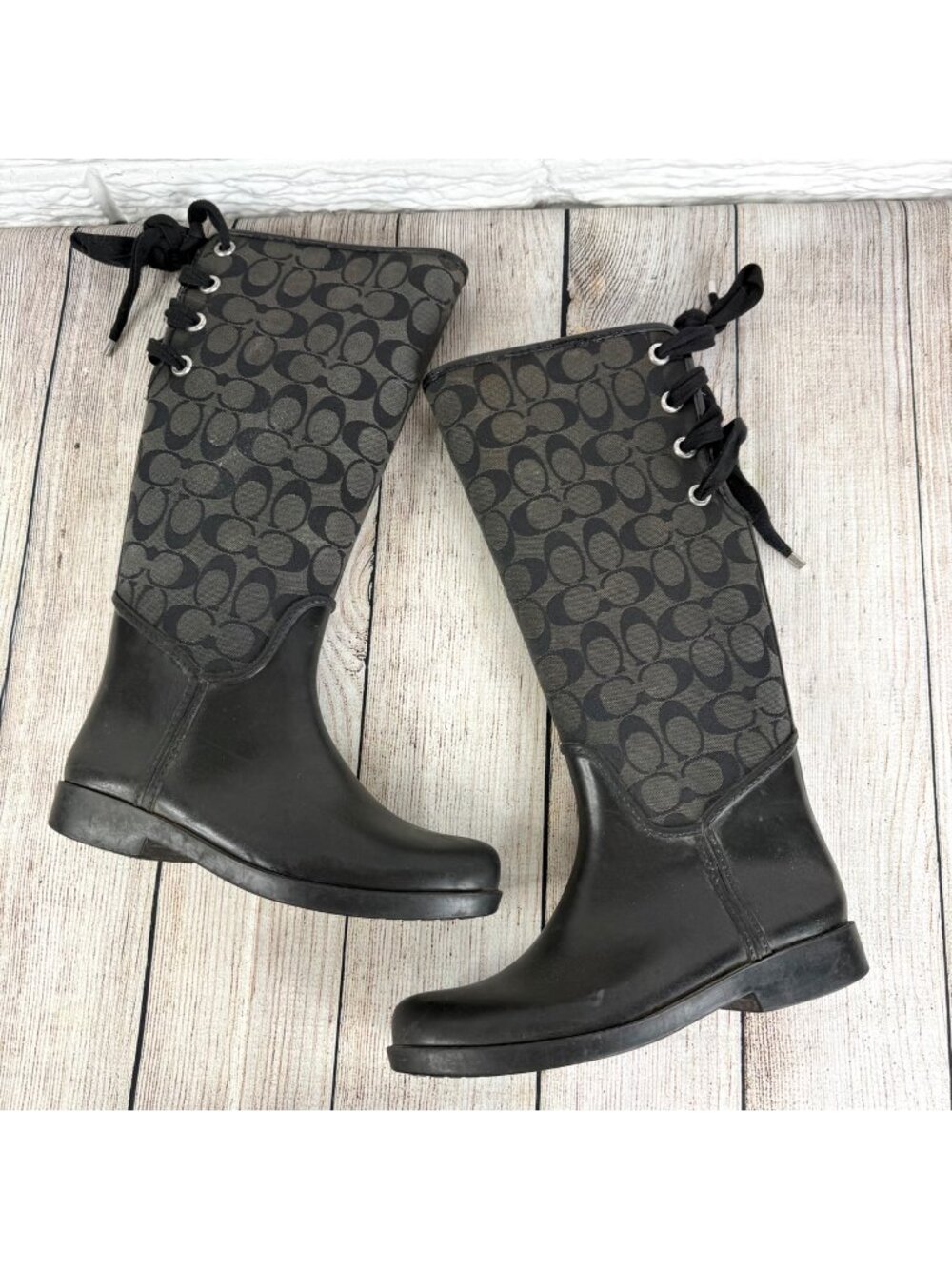 Coach Tristee Rain Boots Black Signature C Monogram Canvas Upper Size 8B